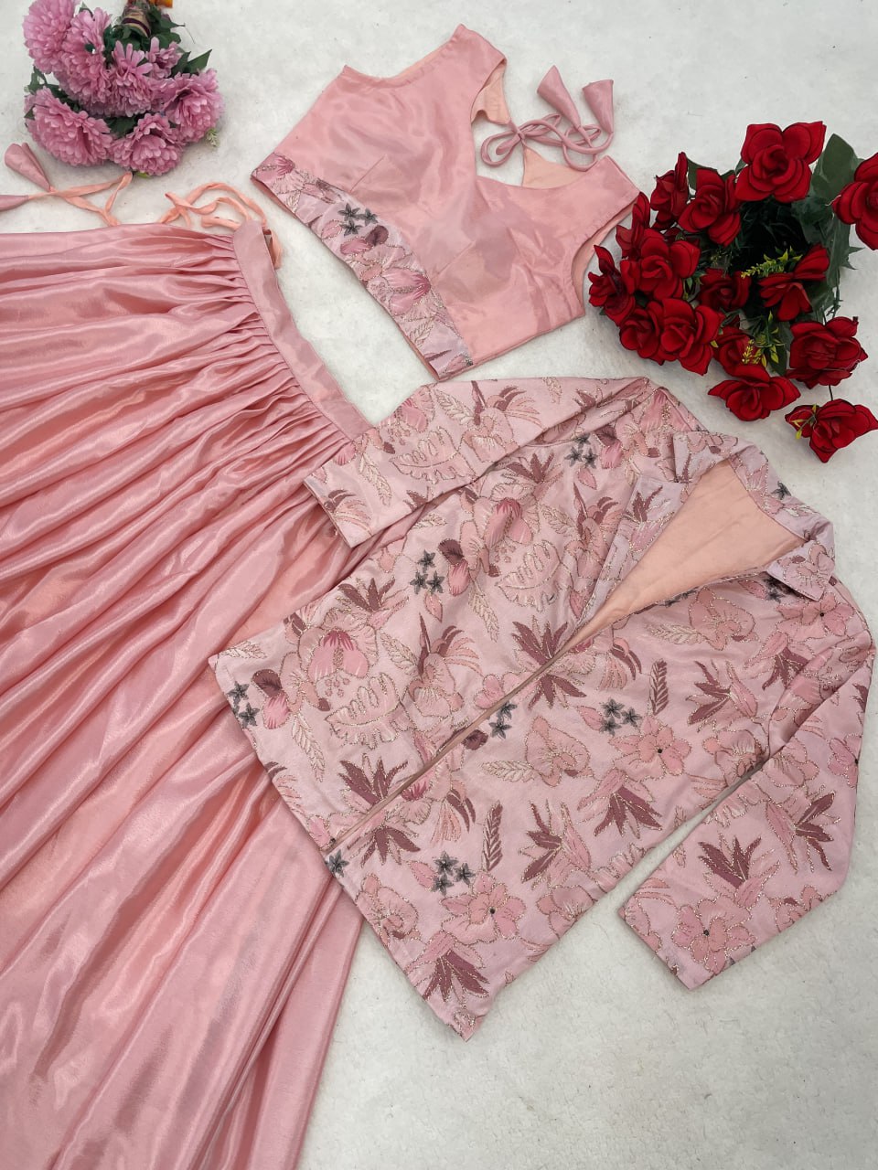 Drape the Most Beautiful Chinon Positioned Prints Koti With Lehenga