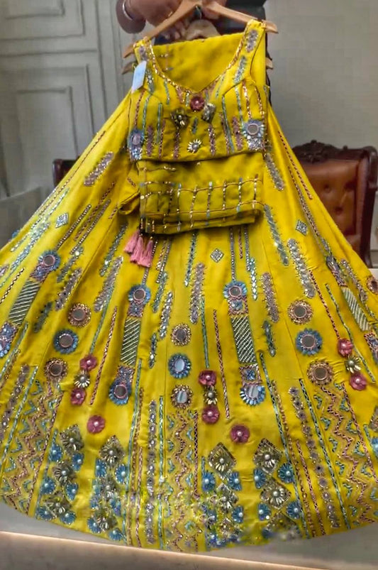 Launching Real Mirror Embroidery Sequins Work 4 meter flared Chinon Silk Lehenga