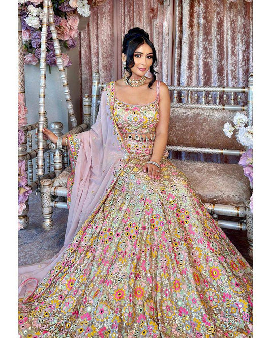 Launching Real Mirror Embroidery Sequins Cut Work 4 meter flared Faux Georgette Lehenga