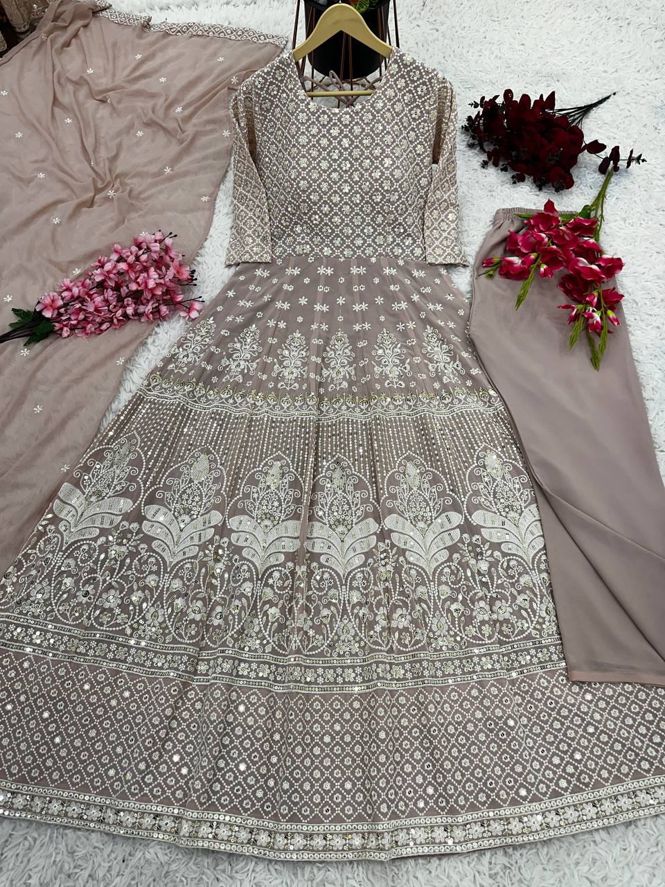 New Designer Party Wear Look Full Heavy Embroidery Cotton Thread With Sequence Work Gown