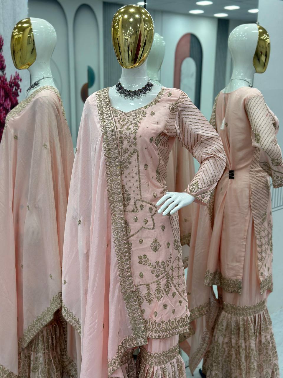 Heavy chinon Launching Embroidered Suit & Sharara