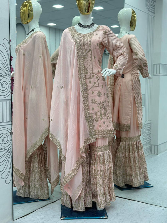 Heavy chinon Launching Embroidered Suit & Sharara