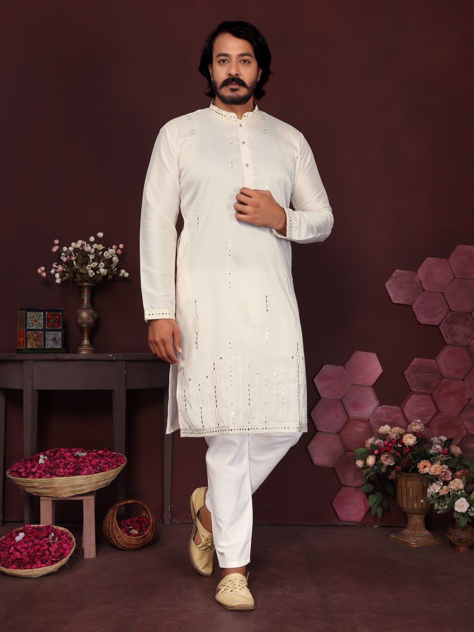 Premium Smart Silk With Embroidery Mirror work Men's Kurta