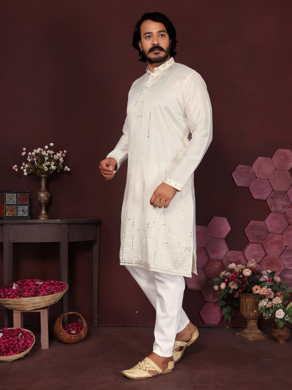 Premium Smart Silk With Embroidery Mirror work Men's Kurta