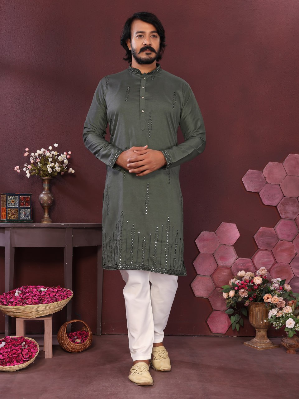 Premium Smart Silk With Embroidery Mirror work Men's Kurta