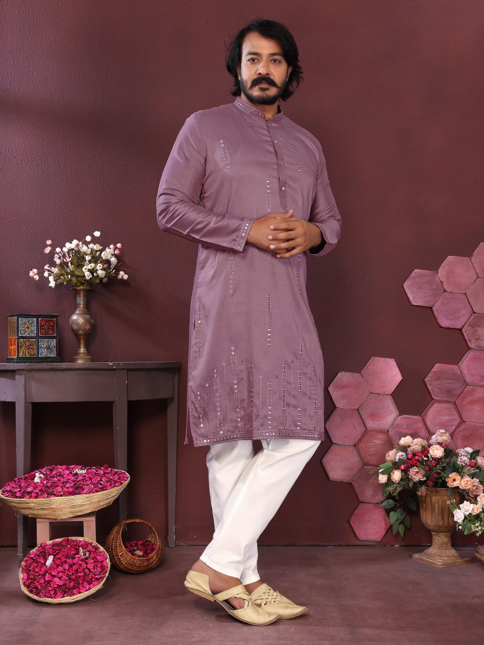 Premium Smart Silk With Embroidery Mirror work Men's Kurta