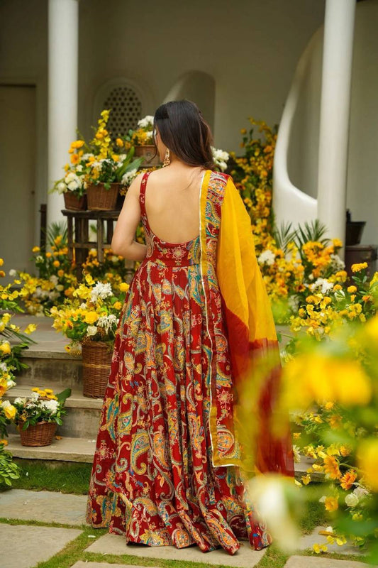 pure organza silk digital printed padded gown