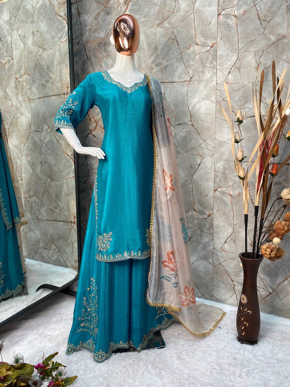 DESIGNER HEAVY CHINON WITH SEQUANCE EMBROIDERY WORK SUIT