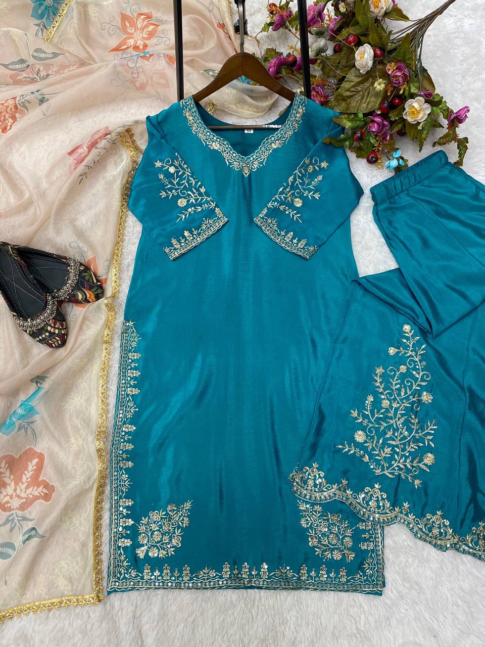 DESIGNER HEAVY CHINON WITH SEQUANCE EMBROIDERY WORK SUIT