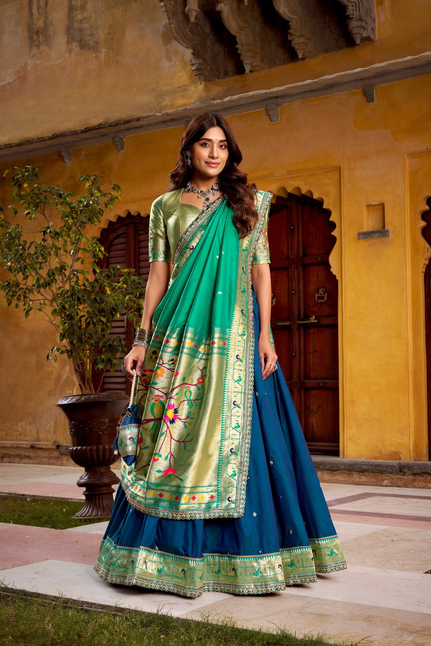 Soft Silk (Paithani) Zari Weaving Work With Sequins and Thread Embroidery Lehenga Choli