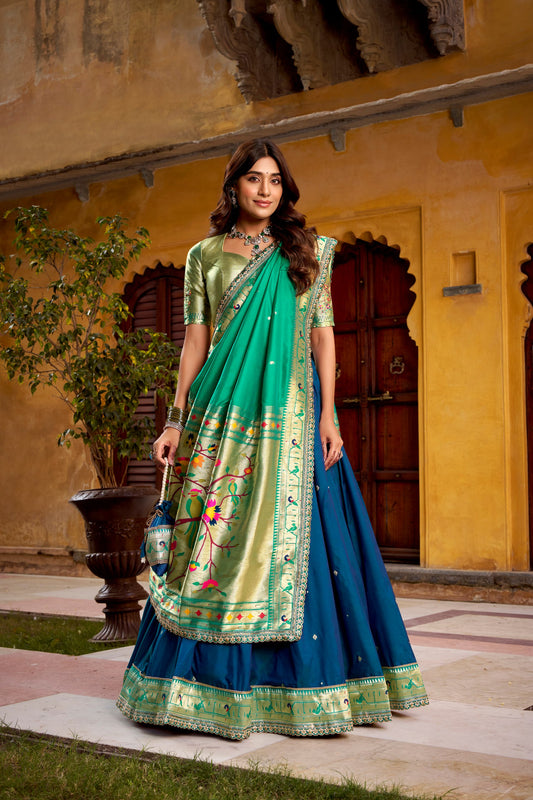 Soft Silk (Paithani) Zari Weaving Work With Sequins and Thread Embroidery Lehenga Choli
