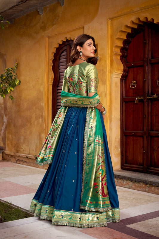 Soft Silk (Paithani) Zari Weaving Work With Sequins and Thread Embroidery Lehenga Choli