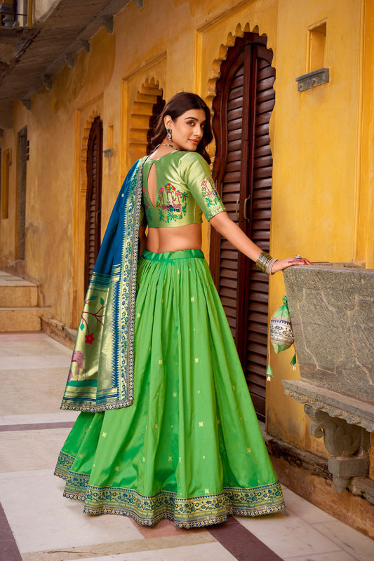 Soft Silk (Paithani) Zari Weaving Work With Sequins and Thread Embroidery Lehenga Choli