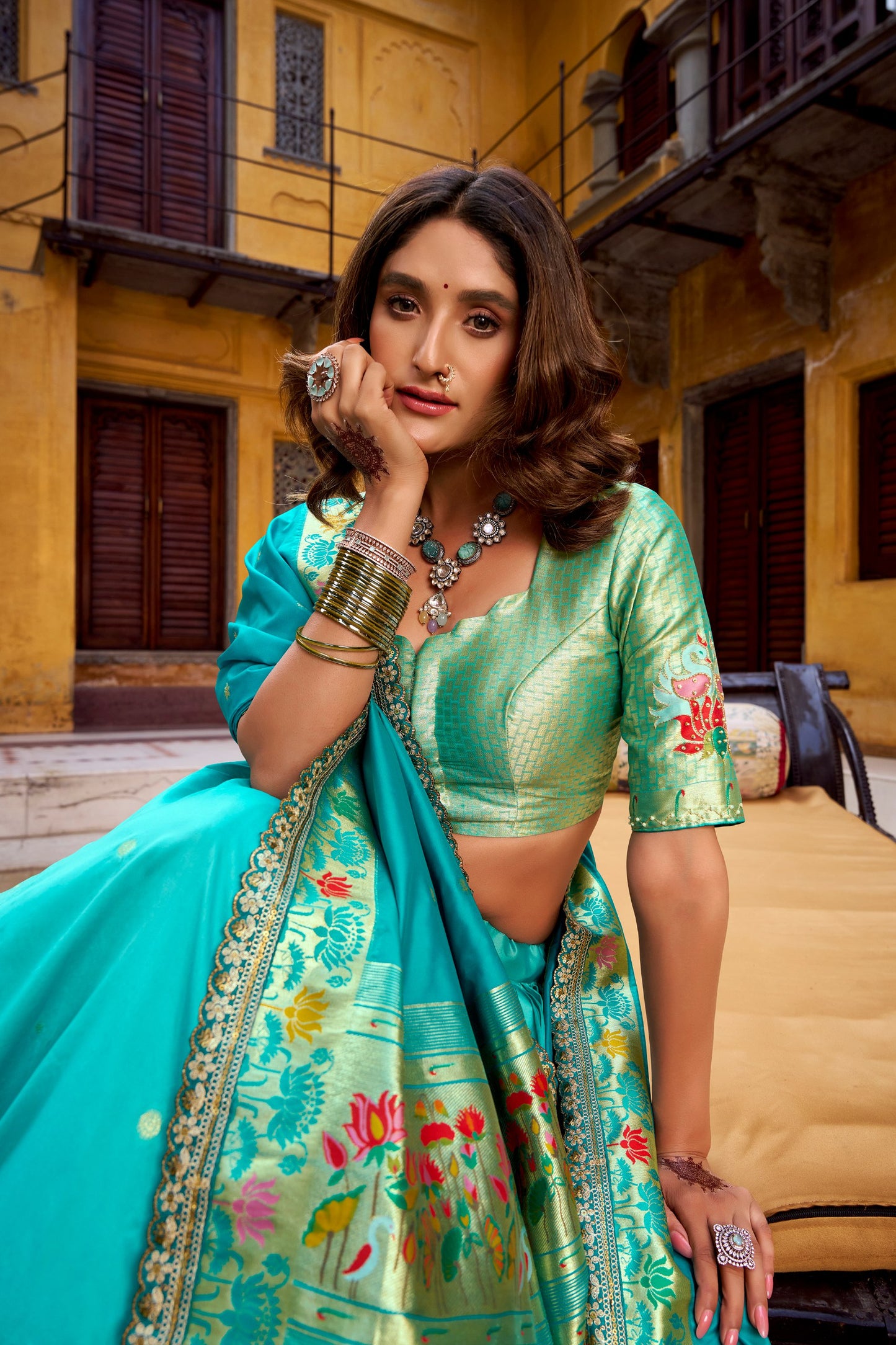 Soft Silk (Paithani) Zari Weaving Work With Sequins and Thread Embroidery Lehenga Choli