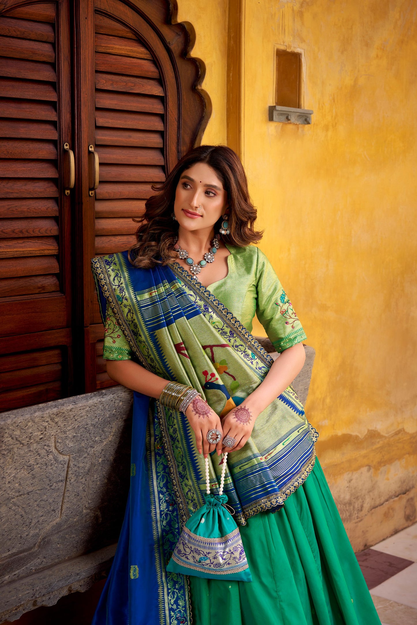 Soft Silk (Paithani) Zari Weaving Work With Sequins and Thread Embroidery Lehenga Choli