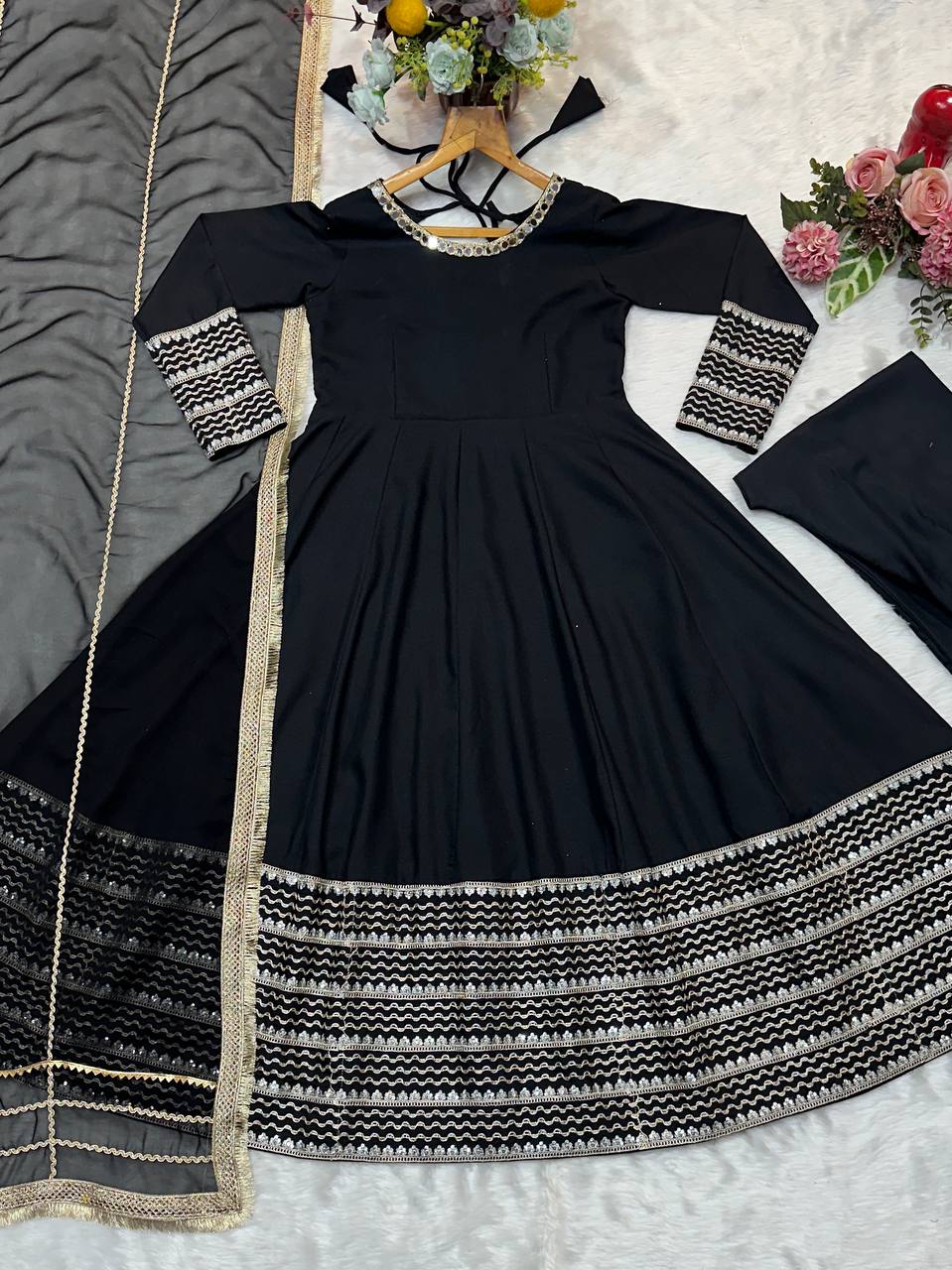 Black Embroidered Work Anarkali Suit Set SET [3 PCS]