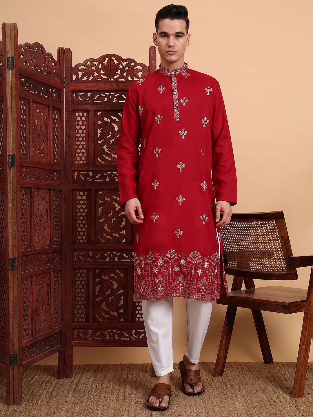 Traditional Wedding Collection Cotton Embroidery Work Men's Kurta