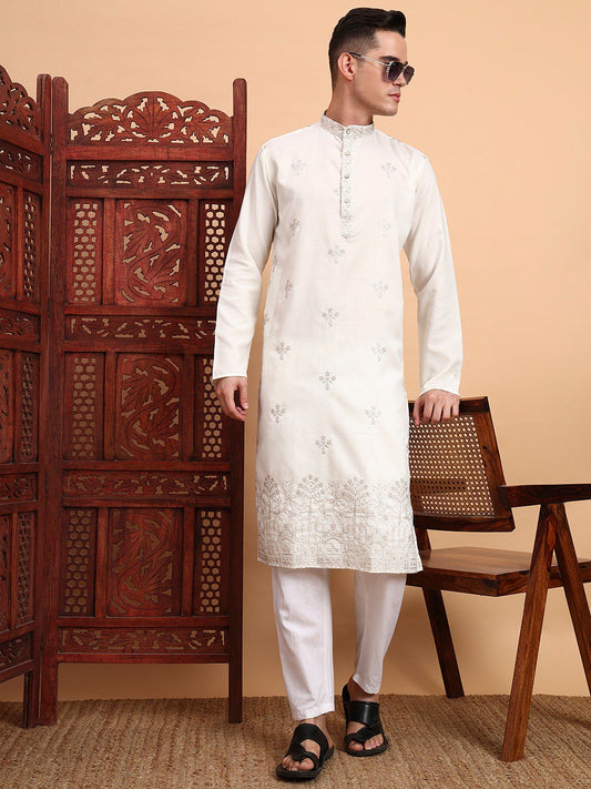 Traditional Wedding Collection Cotton Embroidery Work Men's Kurta