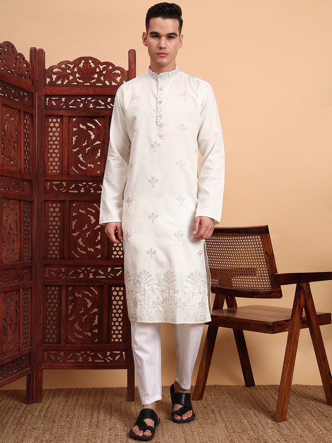 Traditional Wedding Collection Cotton Embroidery Work Men's Kurta