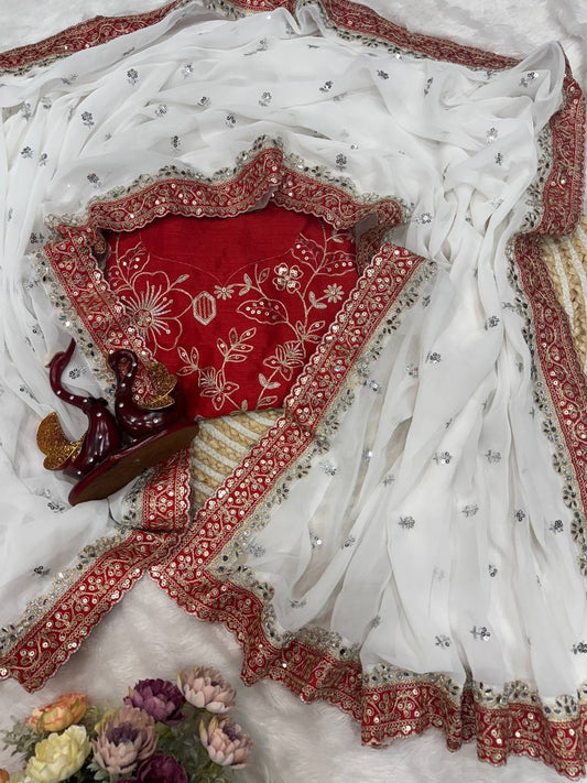 Pure Georgette Fabric Sequins and dori embroidery with real mirrro work saree