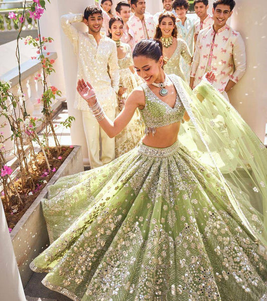 Launching Foil Paper Mirror Sequins Work 4 meter flared Butterfly Net Lehenga