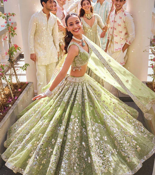 Launching Foil Paper Mirror Sequins Work 4 meter flared Butterfly Net Lehenga