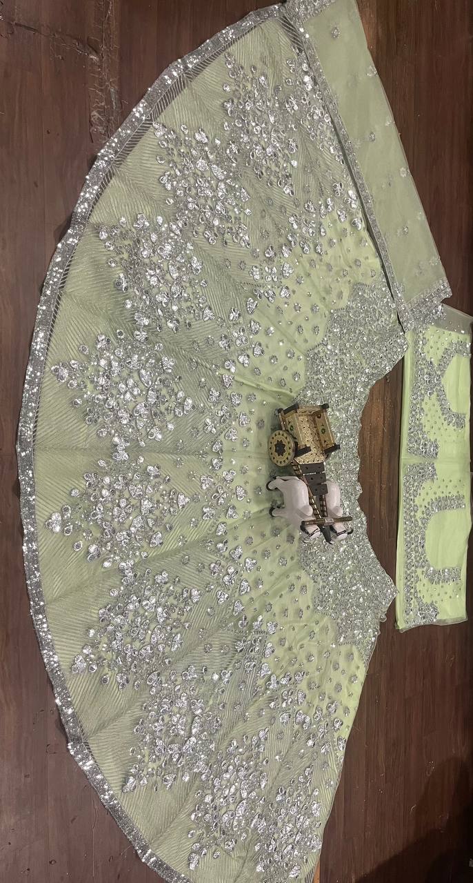 Launching Foil Paper Mirror Sequins Work 4 meter flared Butterfly Net Lehenga