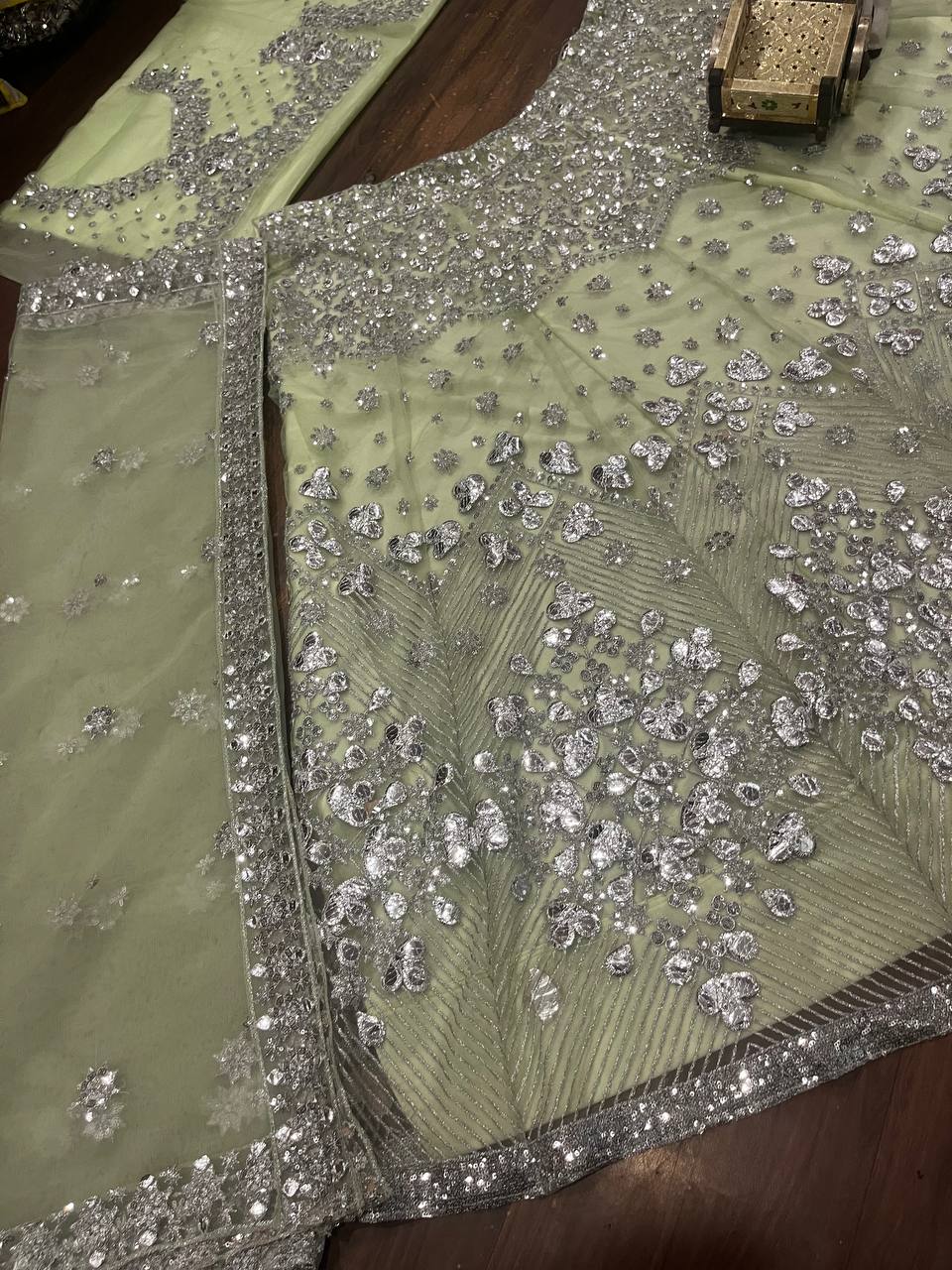 Launching Foil Paper Mirror Sequins Work 4 meter flared Butterfly Net Lehenga