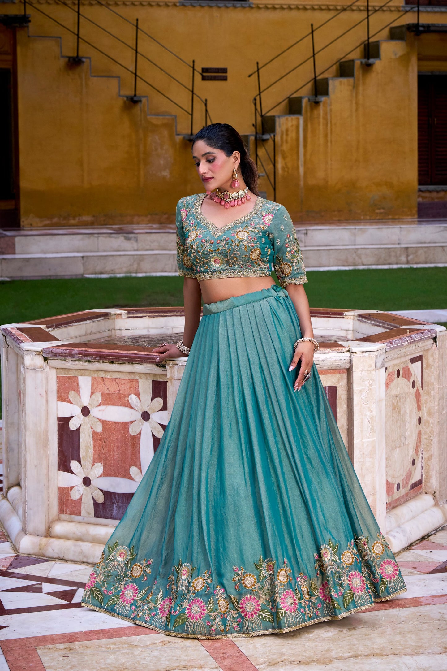 Zari Shimmer Sequins and Thread Embroidery Work Lehenga