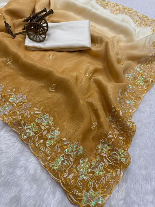 Premium Crunchy padding fabric with c pallu embroidery saree
