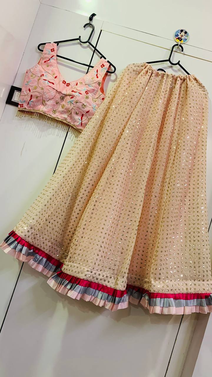 Georgette lehnga with sequins work and frill border work Lehenga