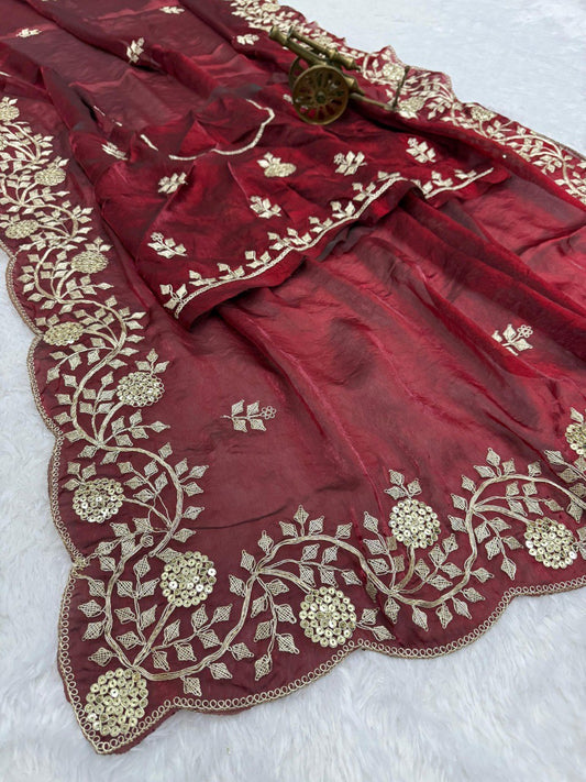 Premium Fandy satin  with c pallu embroidery work saree
