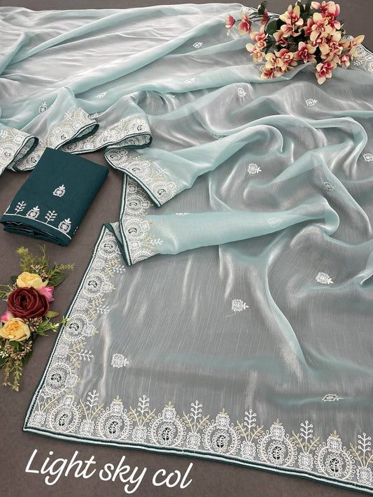 Barbary silk fabric with C-pallu embroidery saree