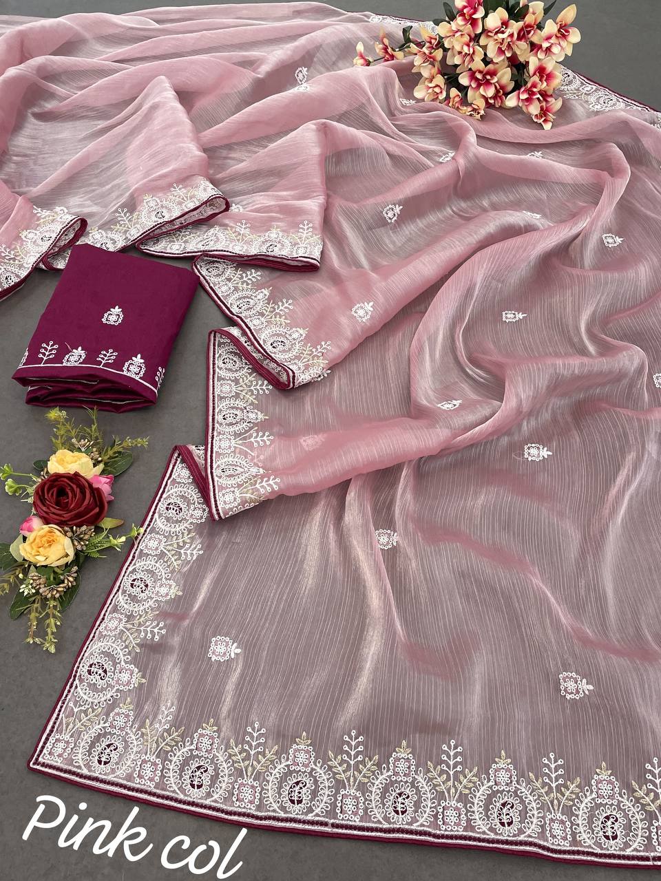 Barbary silk fabric with C-pallu embroidery saree