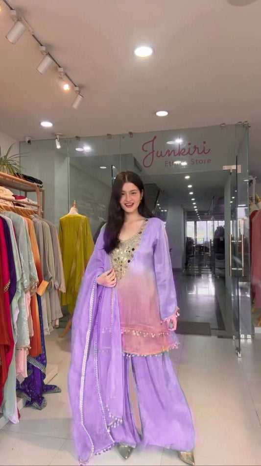 PRINTED CRAPE SILK MIRROR AND EMBROIDERY WORK SUIT