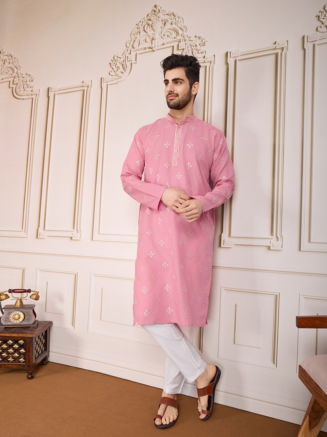 Traditional Wedding Collection Cotton Embroidery Work Men's Kurta