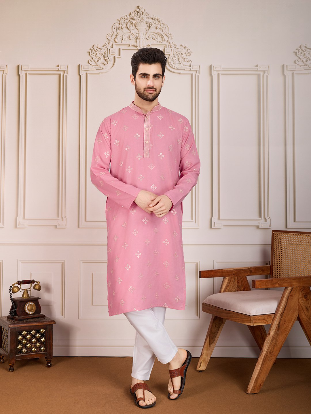 Traditional Wedding Collection Cotton Embroidery Work Men's Kurta