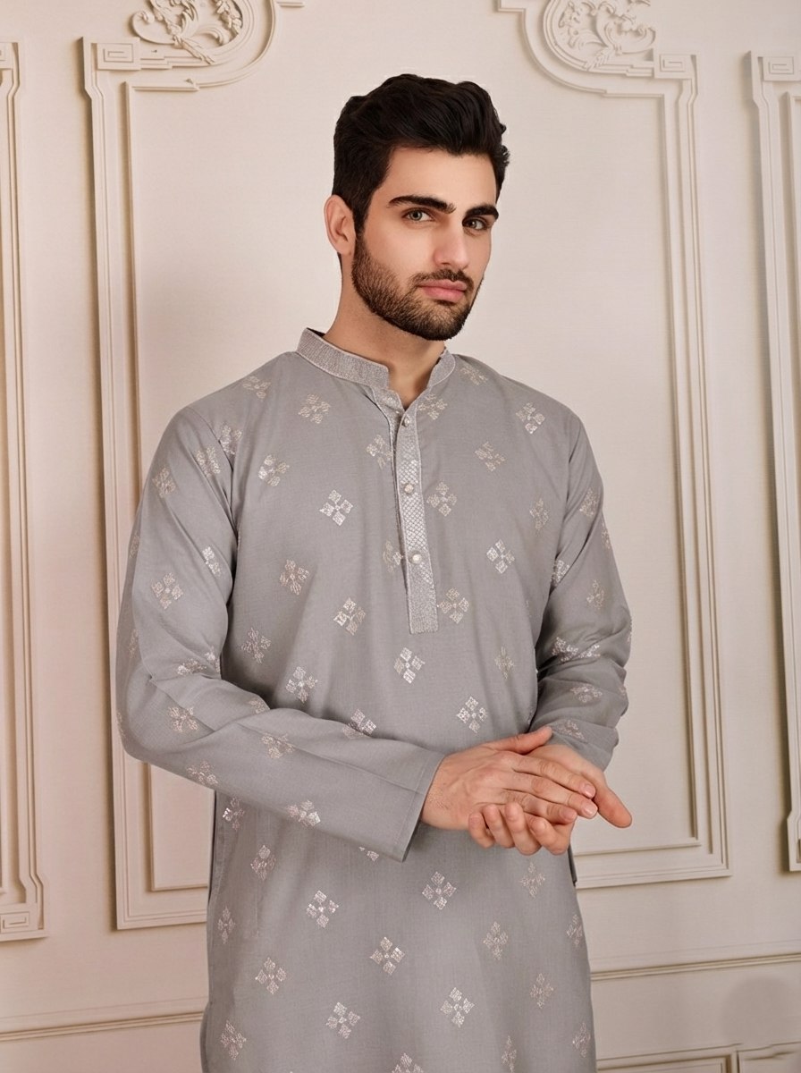 Traditional Wedding Collection Cotton Embroidery Work Men's Kurta