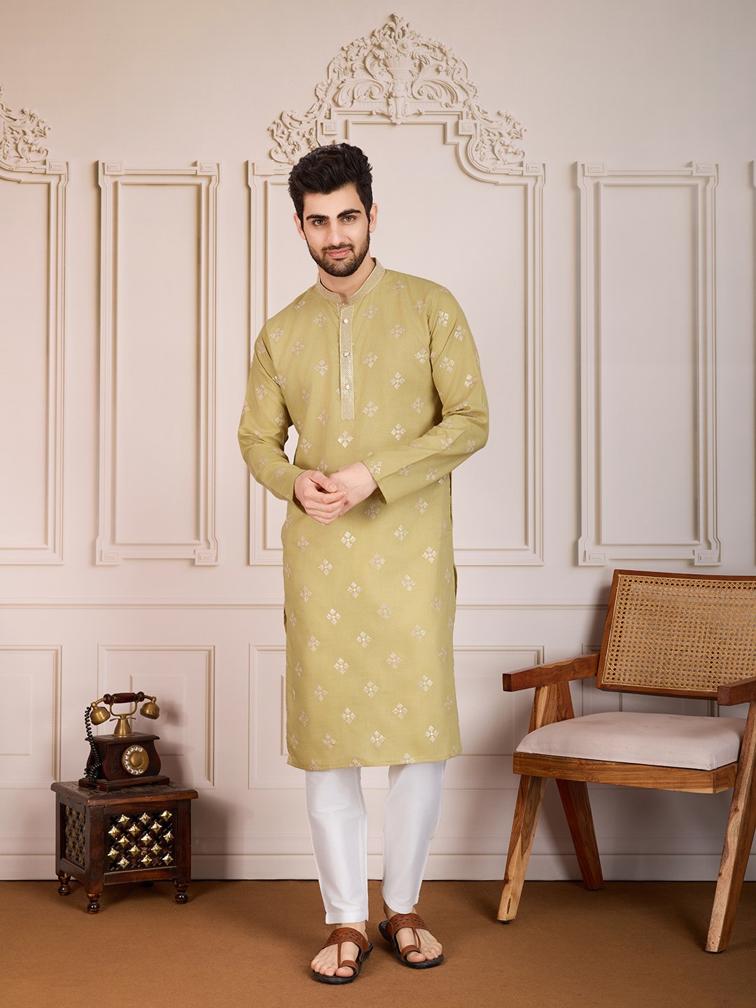 Traditional Wedding Collection Cotton Embroidery Work Men's Kurta