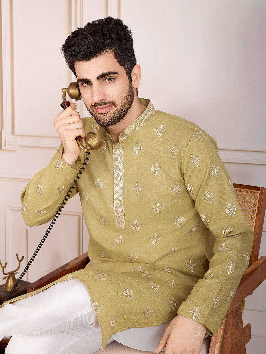 Traditional Wedding Collection Cotton Embroidery Work Men's Kurta