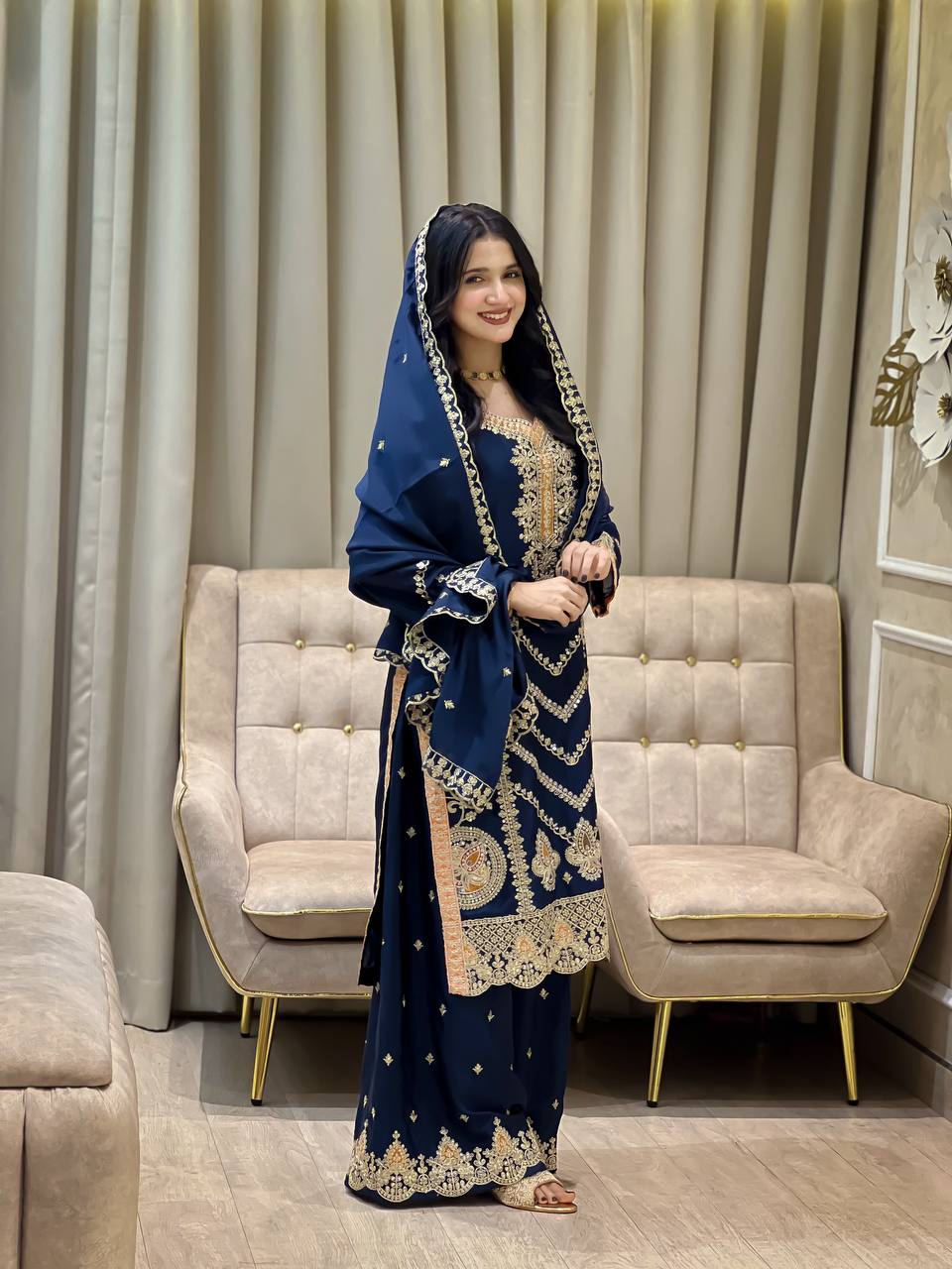 EID SPECIAL SEQUENCE EMBROIDERY ON SILK FABRIC TOP AND PLAZZO