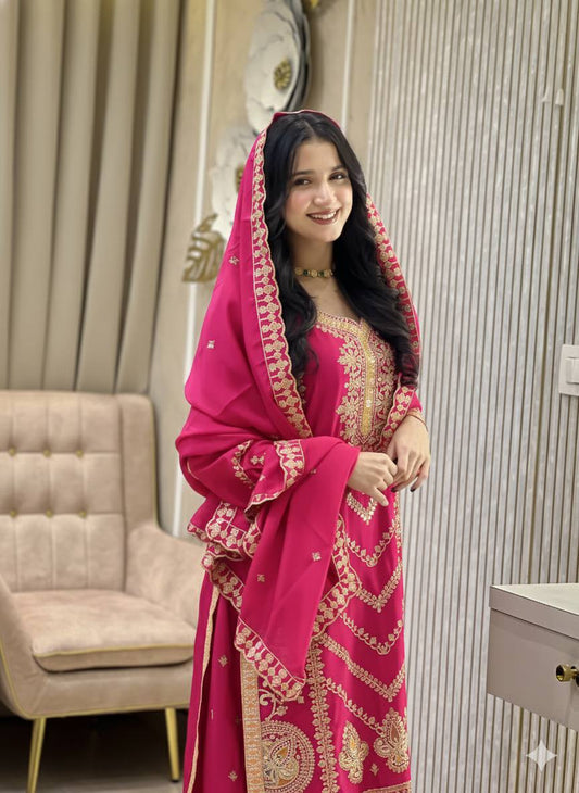 EID SPECIAL SEQUENCE EMBROIDERY ON SILK FABRIC TOP AND PLAZZO