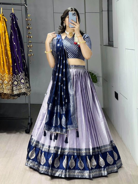 Kanchipuram Silk Zari Weaving With Contrast Border and Silver Golden Zari Detailings Lehenga