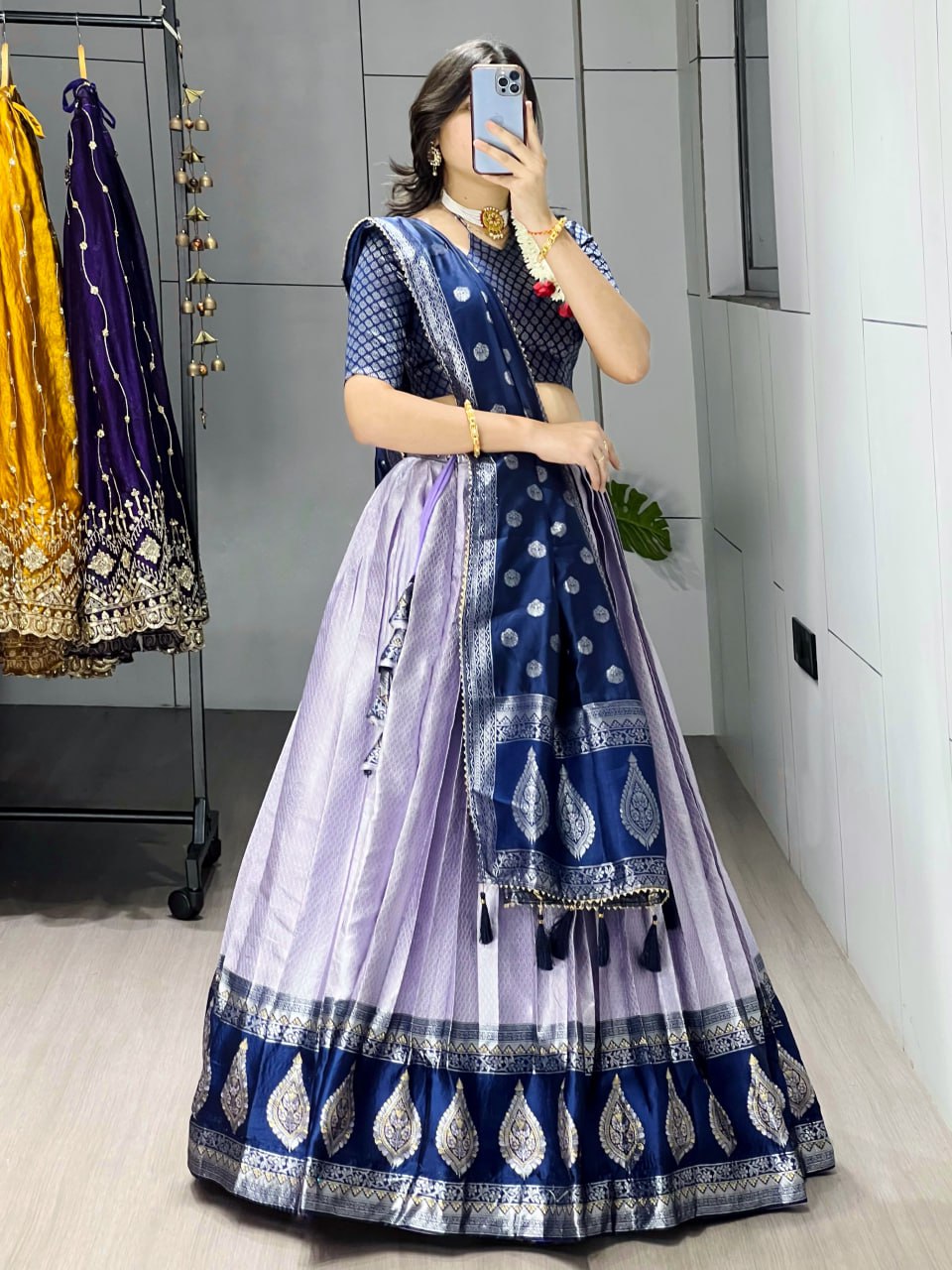 Kanchipuram Silk Zari Weaving With Contrast Border and Silver Golden Zari Detailings Lehenga