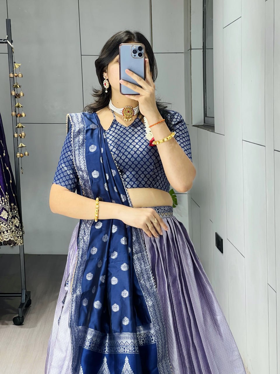 Kanchipuram Silk Zari Weaving With Contrast Border and Silver Golden Zari Detailings Lehenga