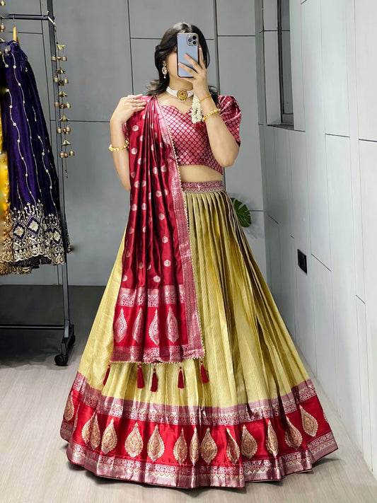 Kanchipuram Silk Zari Weaving With Contrast Border and Silver Golden Zari Detailings Lehenga