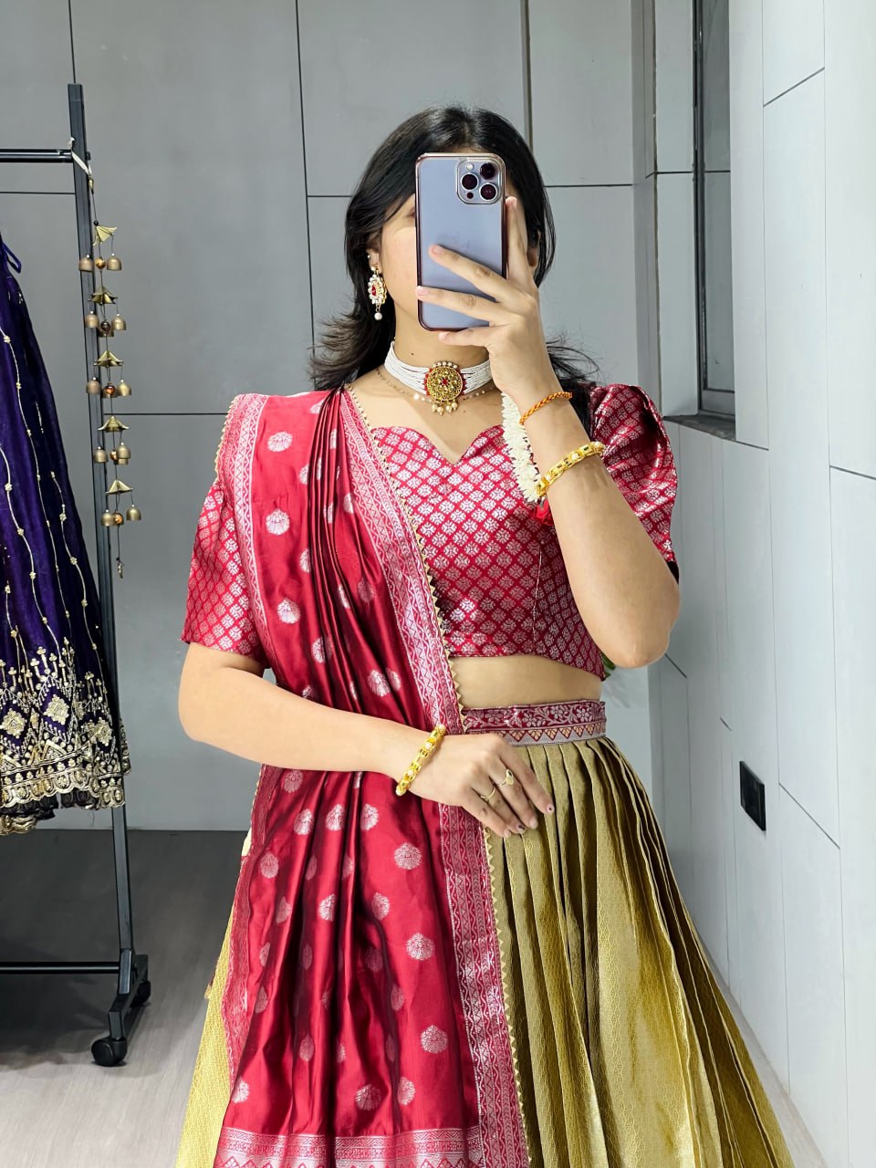 Kanchipuram Silk Zari Weaving With Contrast Border and Silver Golden Zari Detailings Lehenga