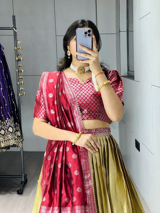 Kanchipuram Silk Zari Weaving With Contrast Border and Silver Golden Zari Detailings Lehenga