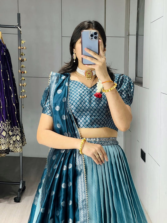 Kanchipuram Silk Zari Weaving With Contrast Border and Silver Golden Zari Detailings Lehenga