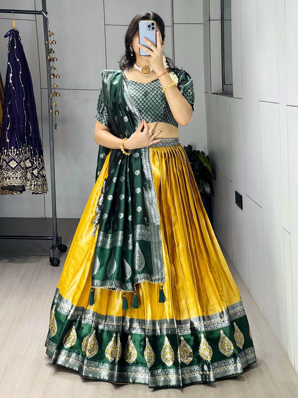 Kanchipuram Silk Zari Weaving With Contrast Border and Silver Golden Zari Detailings Lehenga